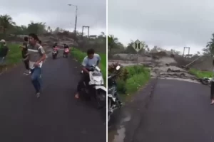 Detik-detik Banjir Lahar Dingin Gunung Semeru Meluap, Warga Melarikan Diri Satu Orang Tinggalkan Motornya